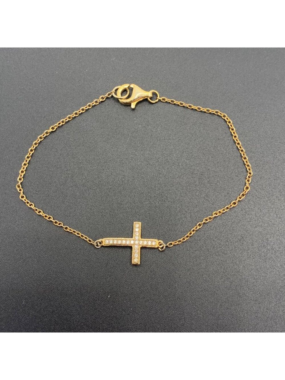 Sideways Cross Bracelet CZ Accent Stones Cable Chain Vintage Gold Tone 7.5" Long